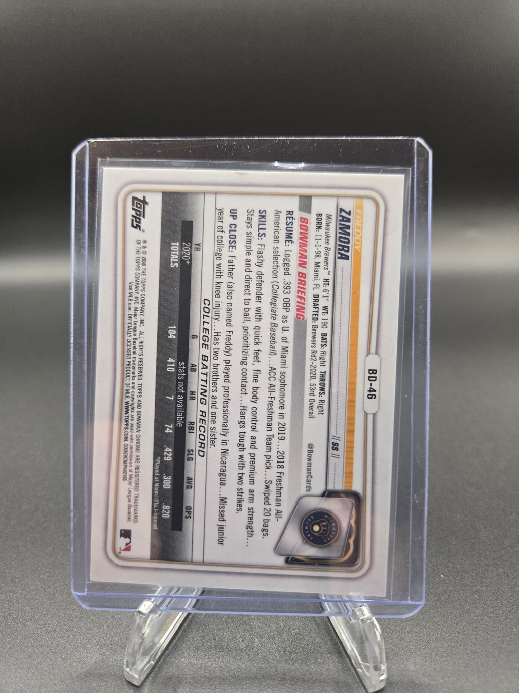 2020 Bowman Draft 1st Edition #BD-46 Freddy Zamora Card