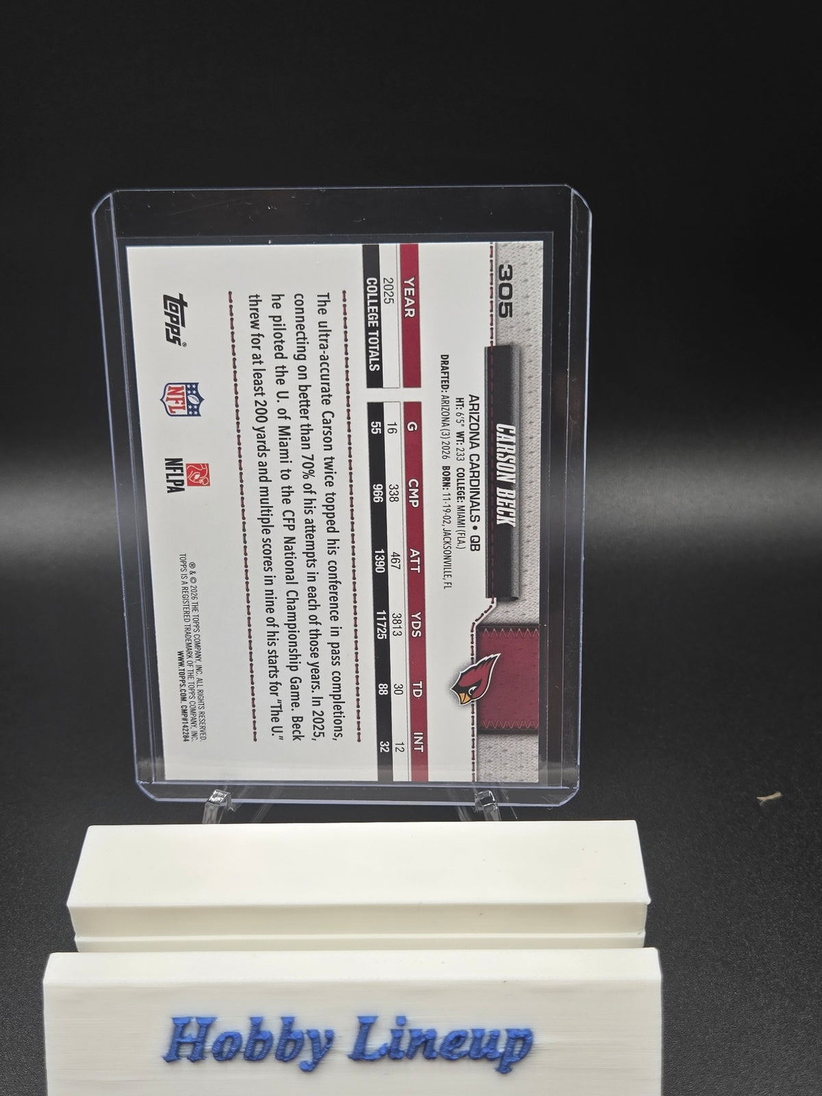 Topps 2026 Flagship Carson Beck Rookie RC #305 Arizona Cardinals NFL Card