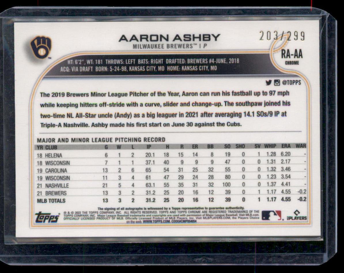 2022 Topps Chrome #RA-AA Aaron Ashby Rookie Autographs Purple Refractor #/203
