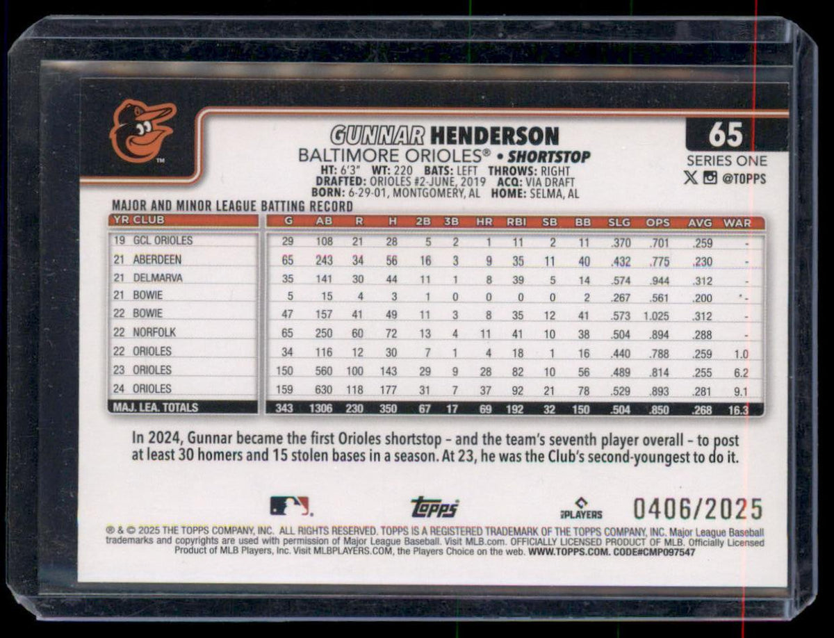 Topps 2025 Series 1 Gunnar Henderson Baltimore Orioles RC Gold /2025 #65
