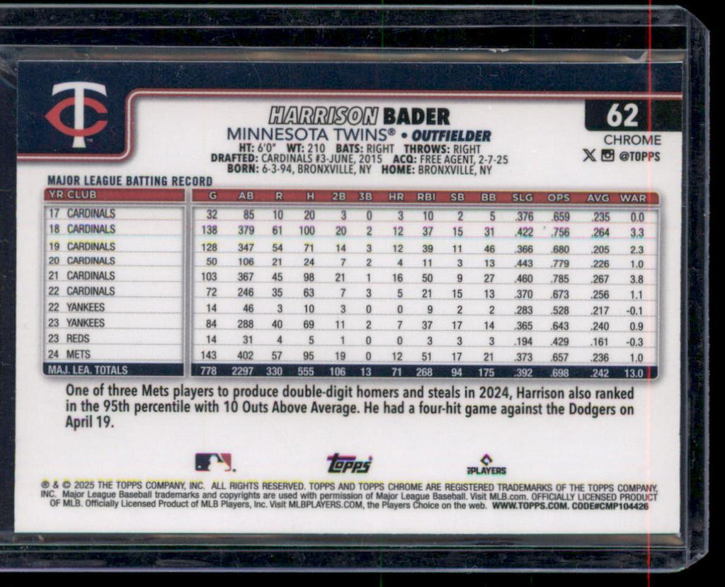 2025 Topps Chrome #62 Harrison Bader RayWave Refractors Minnesota Twins